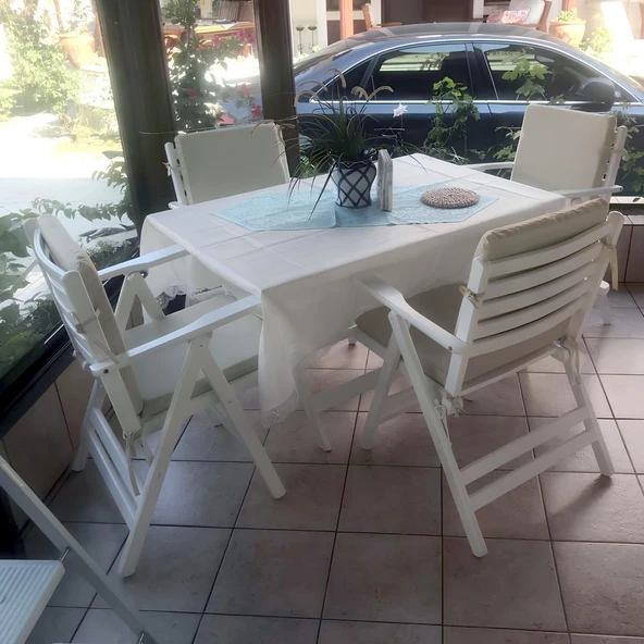 Bahçeme Antalya Katlanır Ahşap Bahçe Balkon Seti Beyaz: 70x120 Masa + 4 Düz Minderli Sandalye - Resim 2