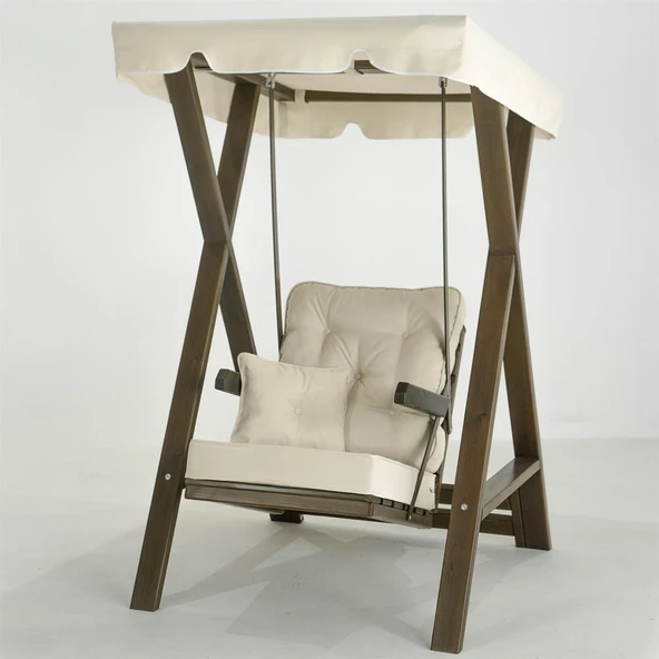 Mobeva Meda Tekli Ladin Ahşap Salıncak Dış Mekan Bahçe, Teras Salıncağı -Krem - Resim 3