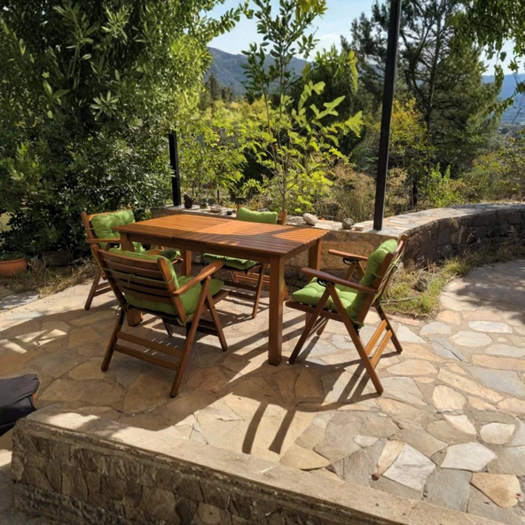 Bahçeme Antalya Ahşap Bahçe Balkon Seti: 70x120 Sabit Masa +4 Düz Minderli Sandalye - Resim 4