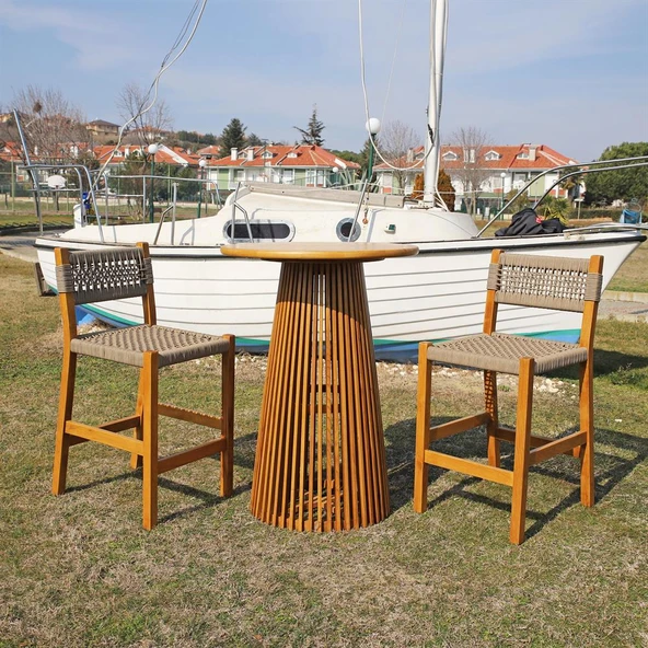 Bahçeme Üsküdar (Maya) Bar Tipi Yüksek Ahşap Sandalye -Masif Kestane & Kapuçino Örgü - Resim 2