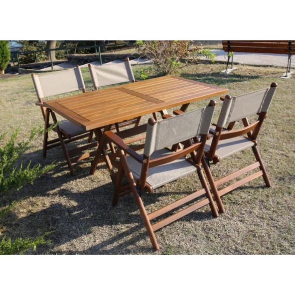 Bahçeme Marmaris LX PVCli Ahşap Bahçe Balkon Seti: 80x140 Masa + 4 Sandalye Katlanır Takım - Resim 2