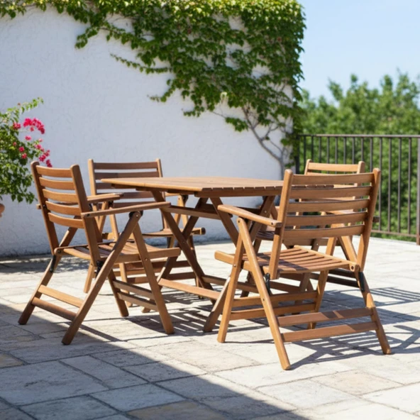 Bahçeme Antalya Katlanır Ahşap Bahçe Balkon Takımı: 80x120 Masa + 4 Sandalye ürün görseli 1