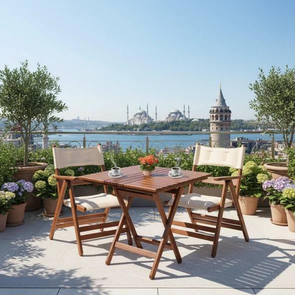 Bahçeme Marmaris Minderli Ahşap Bahçe Balkon Takımı: 70X70 Masa + 2 Sandalye Katlanır Set ürün görseli 1