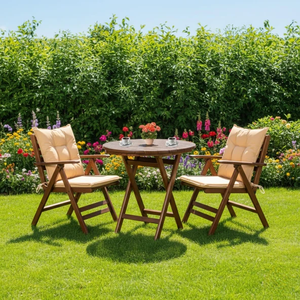 Bahçeme Antalya Katlanır Ahşap Bahçe Balkon Takımı: 60lık Yuvarlak Masa + 2 Minderli Sandalye ürün görseli 1