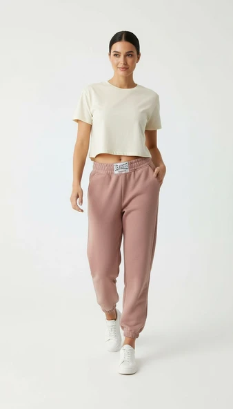 Kadın Paça Lastikli Üç İplik Şardonlu Roberts Eşofman Altı Somon - Resim 3