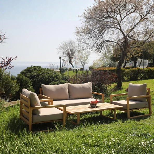 Bahçeme Sarıyer (LEO) Ahşap Oturma Grubu Minderli - Masif Kestane 5 Kişilik Koltuk Takımı - Resim 2