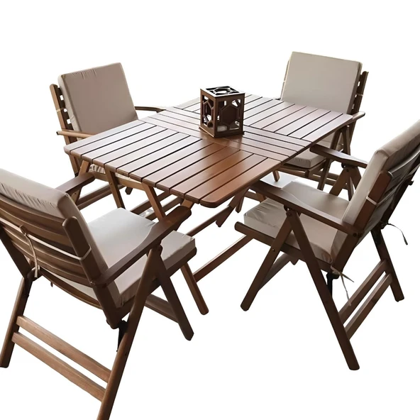 Bahçeme Antalya Katlanır Ahşap Bahçe Balkon Seti: 80x120 Masa + 6 Düz Minderli Sandalye - Resim 3