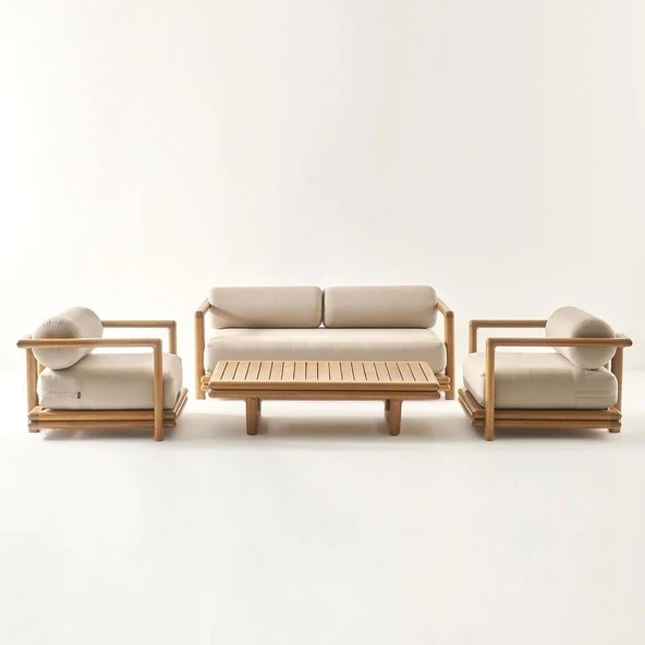 Bahçeme Tibet Bahçe Koltuk Üçlü - Masif Kayın İç Ve Dış Mekan Koltuğu (Minderli) - Resim 3