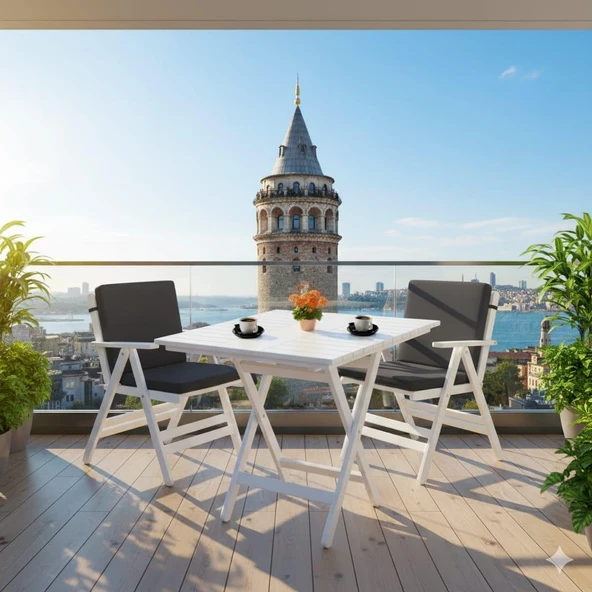 Bahçeme Antalya Katlanır Sandalye - Masif Gürgen Beyaz Ahşap & Düz Minder - Resim 2