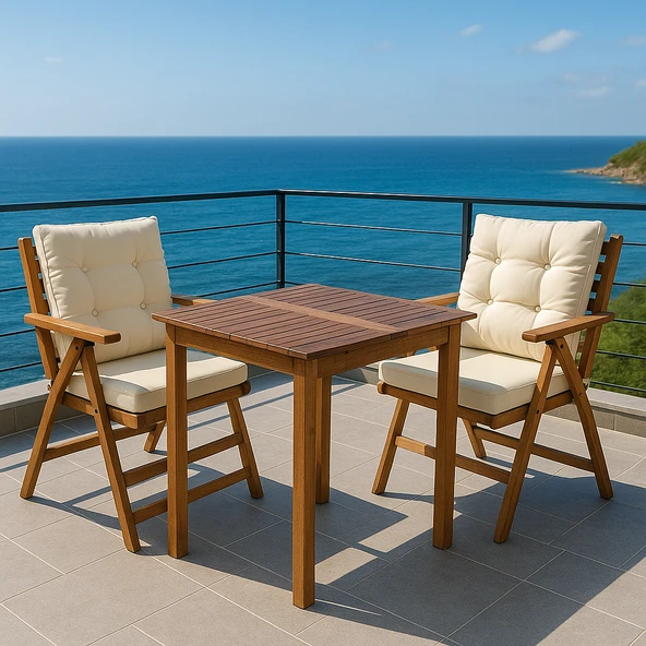 Bahçeme Antalya Katlanır Ahşap Bahçe Takımı: 70X70 Sabit Masa + 2 Minderli Sandalye ürün görseli 1