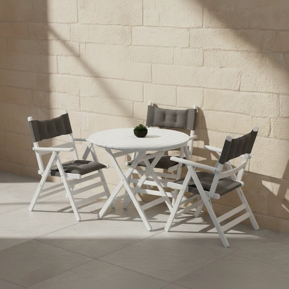 Bahçeme Marmaris Minderli Ahşap Bahçe Seti Beyaz: 90lık Masa + 3 Sandalye Katlanır Takım ürün görseli 1