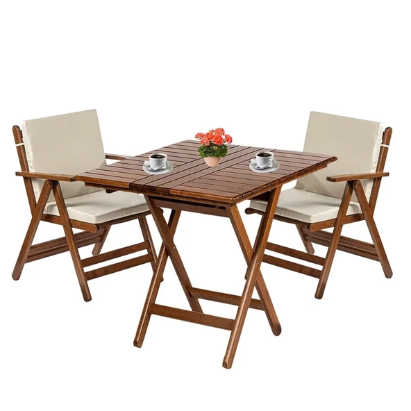 Bahçeme Antalya Katlanır Ahşap Bahçe Balkon Seti: 70x70 Masa + 2 Düz Minderli Sandalye - Resim 6