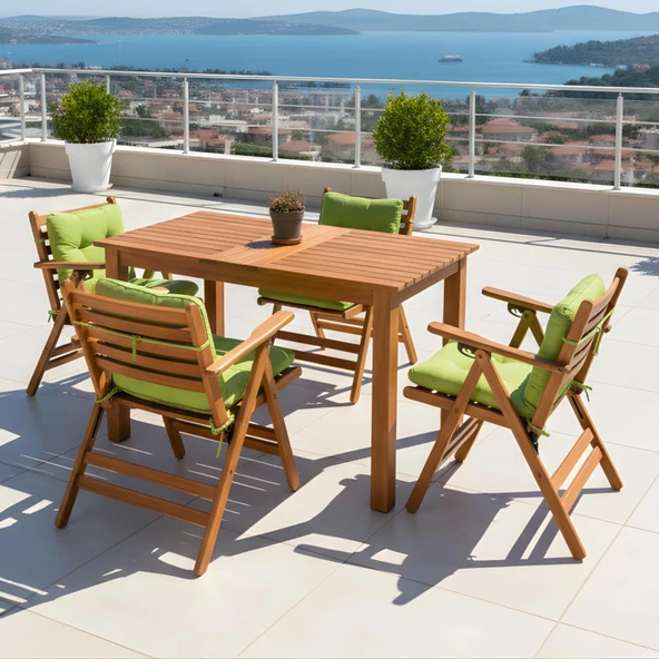 Bahçeme Antalya Ahşap Bahçe Balkon Seti: 80x140 Sabit Masa +4 Düğme Minderli Sandalye ürün görseli 1