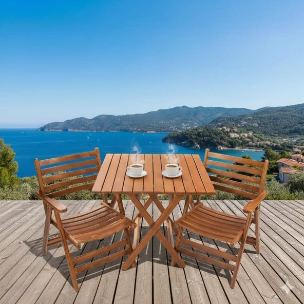 Bahçeme London Ahşap Bahçe Balkon Takımı: 60x60 Masa + 2 Sandalye Katlanır Set ürün görseli