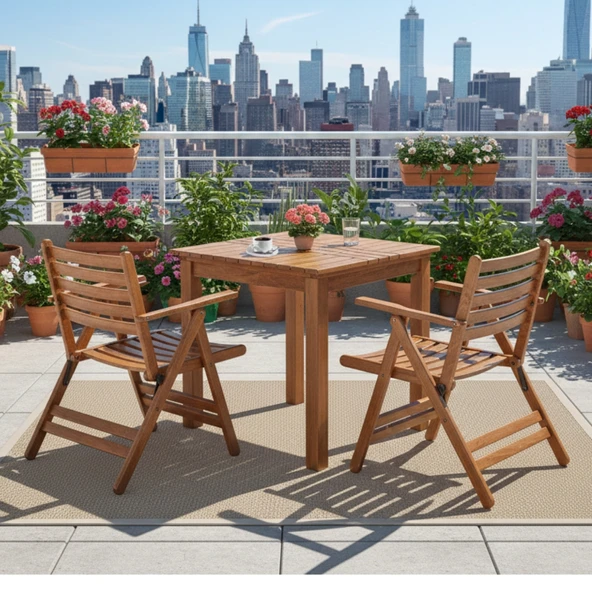 Bahçeme Antalya S Ahşap Bahçe Balkon Seti: 70x70 Sabit Masa + 2 Katlanır Sandalye - Resim 3