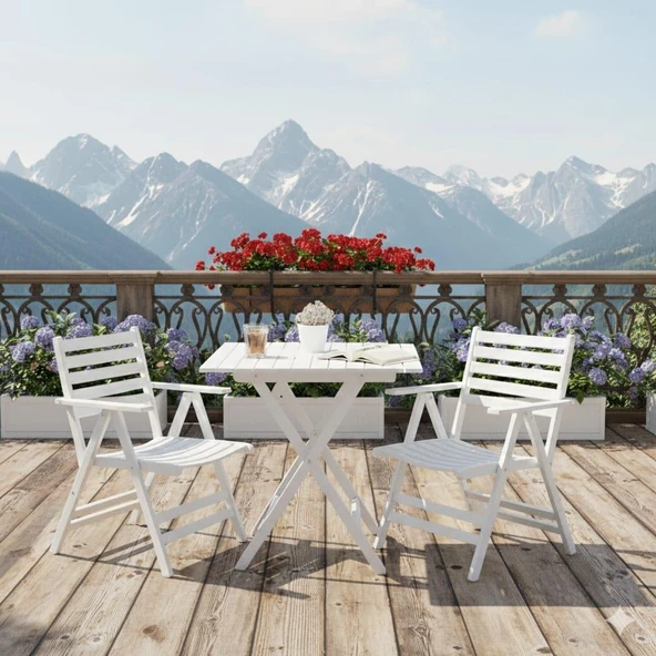 Bahçeme Antalya Katlanır Ahşap Bahçe Balkon Takımı Beyaz: 70x70 Masa + 2 Sandalye Set - Resim 3