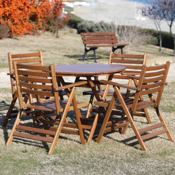 Bahçeme Antalya Katlanır Ahşap Bahçe Balkon Seti: 90lık Yuvarlak Masa + 4 Sandalye - Resim 4