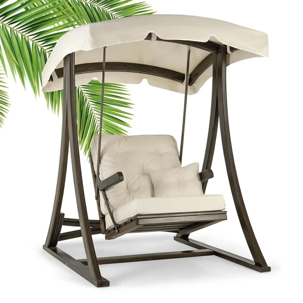 Mobeva Teras Tekli Ladin Ahşap Salıncak Dış Mekan Bahçe, Teras Salıncağı  -Krem ürün görseli 1