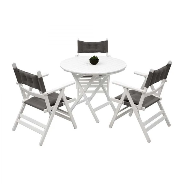 Bahçeme Marmaris Minderli Ahşap Bahçe Seti Beyaz: 70Lik Masa + 3 Sandalye Katlanır Takım - Resim 4
