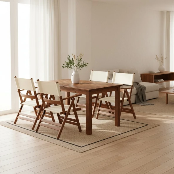 Bahçeme Marmaris PVCli Ahşap Bahçe Balkon Seti: 80x140 Sabit Masa + 4 Katlanır Sandalye ürün görseli 1