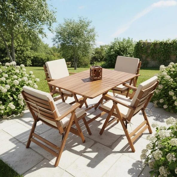 Bahçeme Antalya Katlanır Ahşap Bahçe Balkon Seti: 80x140 Masa + 4 Düz Minderli Sandalye ürün görseli 1