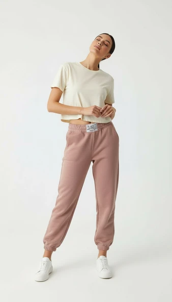 Kadın Paça Lastikli Üç İplik Şardonlu Roberts Eşofman Altı Somon - Resim 4