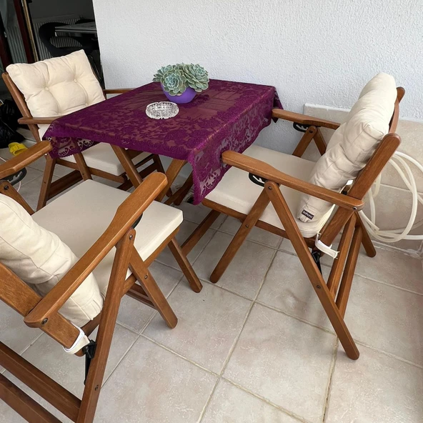Bahçeme Antalya Katlanır Ahşap Bahçe Balkon Takımı: 80x80 Masa + 3 Minderli Sandalye - Resim 3