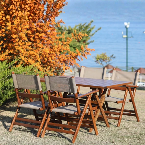 Bahçeme Marmaris LX PVCli Ahşap Bahçe Balkon Seti: 80x140 Masa + 4 Sandalye Katlanır Takım - Resim 2