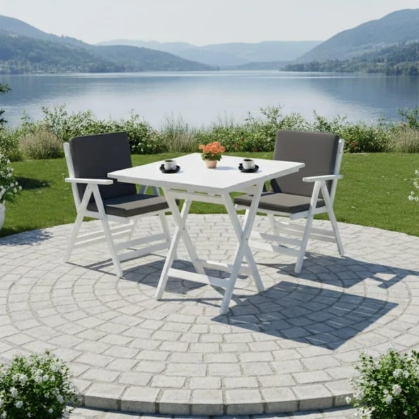 Bahçeme Antalya Katlanır Ahşap Bahçe Balkon Seti Beyaz: 80x80 Masa + 2 Düz Minderli Sandalye ürün görseli 1