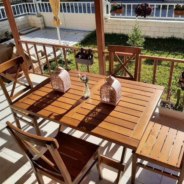Bahçeme Çeşme LX Ahşap Bahçe Balkon Seti: 80X140 Katlanır Masa + 4 Sandalye - Resim 5