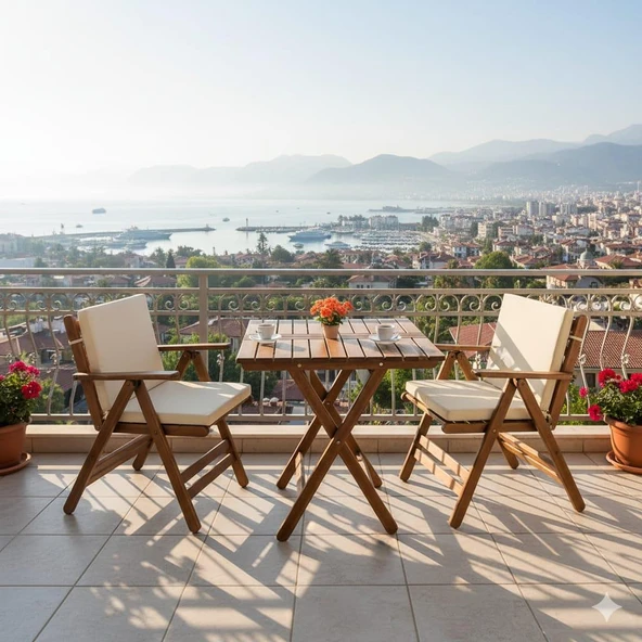 Bahçeme Antalya Katlanır Ahşap Bahçe Balkon Seti: 60x80 Masa + 2 Düz Minderli Sandalye - Resim 3