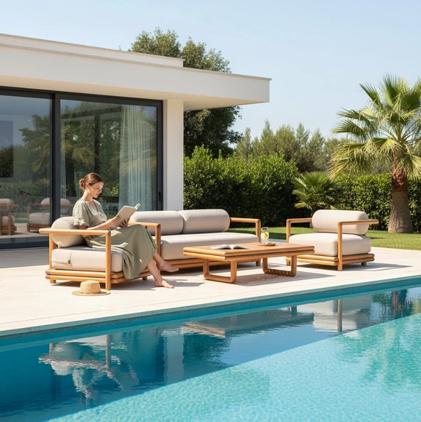 Bahçeme Tibet Ahşap Oturma Grubu Minderli - Masif Kayın 5 Kişilik Koltuk Takımı ürün görseli 1