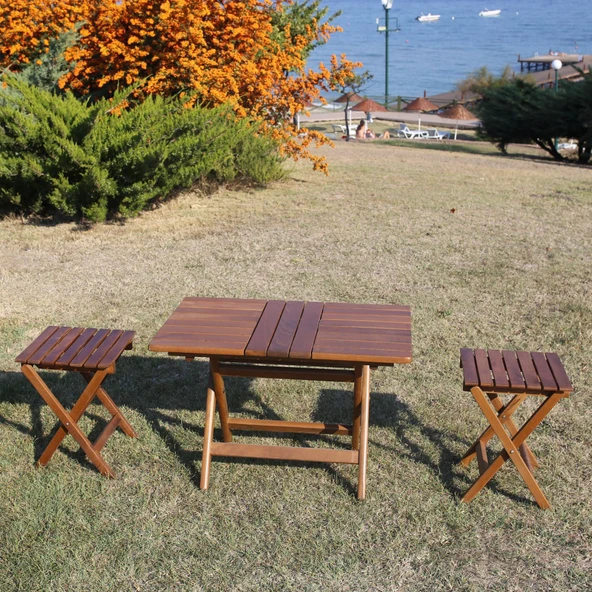 Bahçeme Paris Çay Set: 50x80 Sehpa + 2 Tabure - Katlanır Ahşap Takım - Resim 2