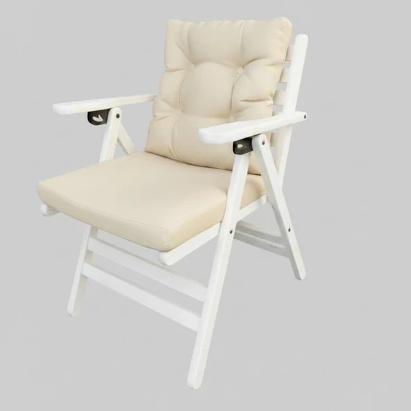 Bahçeme Antalya Katlanır Sandalye - Masif Gürgen Beyaz Ahşap & Düğmeli Minder - Resim 2