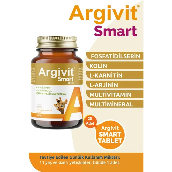 Argivit Smart Tablet 30 Tablet - Fosfatidilserin, Kolin, L-Arginin, Multivitamin ve Multimineral - Resim 5
