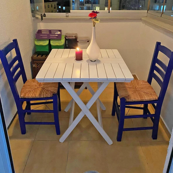 Bahçeme Kaş 70x70 Katlanır Ahşap Masa - Beyaz Renk Teras Balkon Bahçe Masası - Resim 6