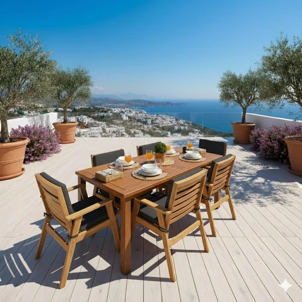 Bahçeme Heybeli LXS Katlanır Ahşap Bahçe Takımı: 90X160 Sabit Masa + 4 Minderli Sandalye - Resim 3