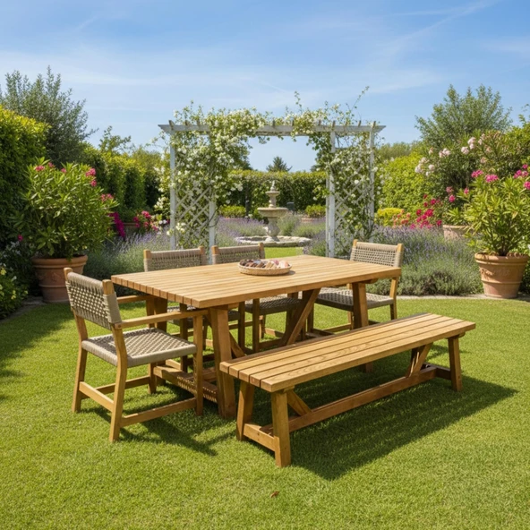 Bahçeme Taksim 7 Kişilik Kestane Bahçe Takımı: 4 Sandalye + 100X180 Masa + 40X180 Bank ürün görseli 1