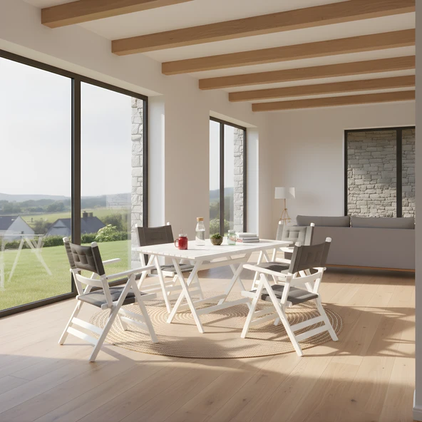 Bahçeme Marmaris Minderli Ahşap Bahçe Takımı Beyaz: 80X120 Masa + 4 Sandalye Katlanır Set - Resim 2