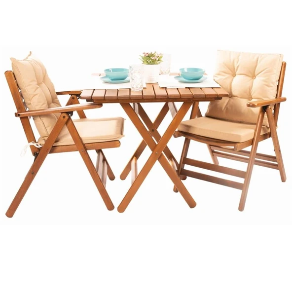 Bahçeme London Katlanır Ahşap Bahçe Balkon Seti: 60x60 Masa + 2 Minderli Sandalye ürün görseli 1