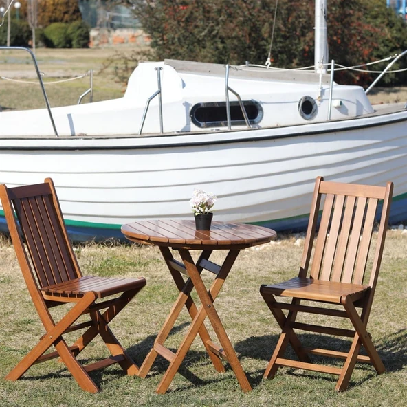 Bahçeme Avşa Ahşap Bahçe Takımı - 60lık Yuvarlak Masa + 2 Sandalye Katlanır Balkon Set - Resim 3