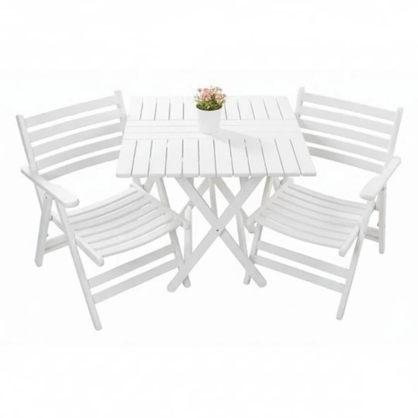 Bahçeme Antalya Katlanır Ahşap Bahçe Balkon Takımı Beyaz: 70x70 Masa + 2 Sandalye Set - Resim 4