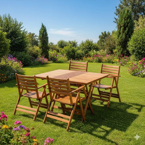 Bahçeme Antalya Katlanır Ahşap Bahçe Balkon Seti: 80x140 Masa + 6 Sandalye (2+2+1+1) - Resim 5