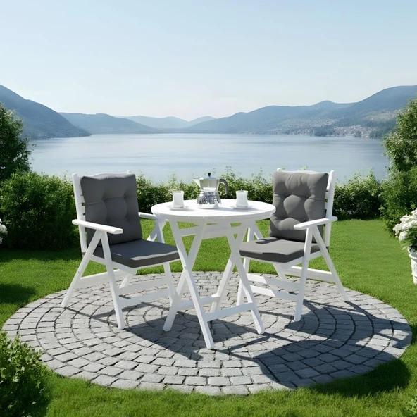 Bahçeme Ürgüp Katlanır Ahşap Bahçe Balkon Seti Beyaz: 70lik Yuvarlak Masa + 2 Sandalye - Resim 3