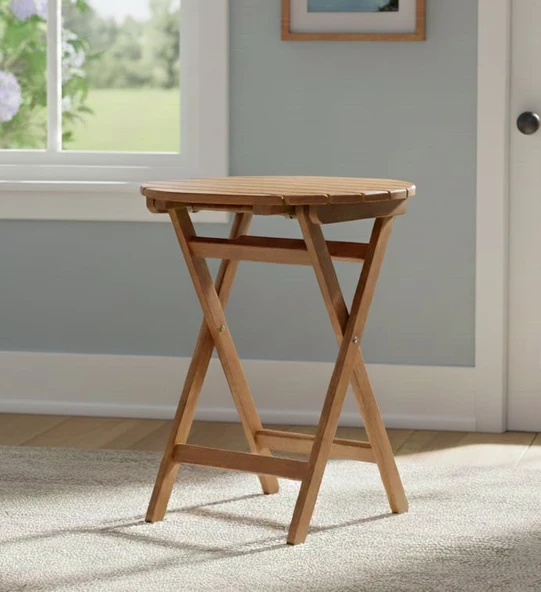 Bahçeme Datça 120lik Katlanır Ahşap Masa - Yuvarlak Bahçe Balkon Mutfak Masası - Resim 5