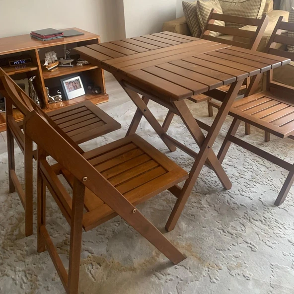 Bahçeci İspanya Katlanır Ahşap Bahçe Balkon Takımı: 60x100 Masa + 4 Sandalye - Resim 3