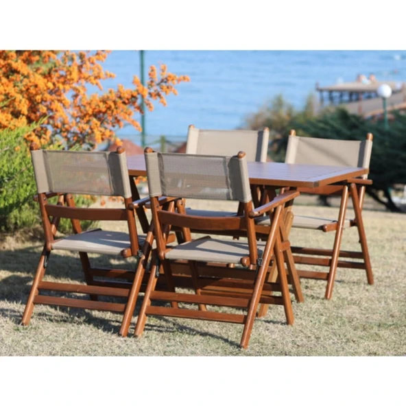 Bahçeme Marmaris LX PVCli Ahşap Bahçe Balkon Seti: 80x140 Masa + 4 Sandalye Katlanır Takım ürün görseli