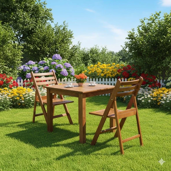 Bahçeci İspanya Ahşap Bahçe Balkon Takımı: 70x70 Sabit Masa + 2 Katlanır Sandalye ürün görseli 1