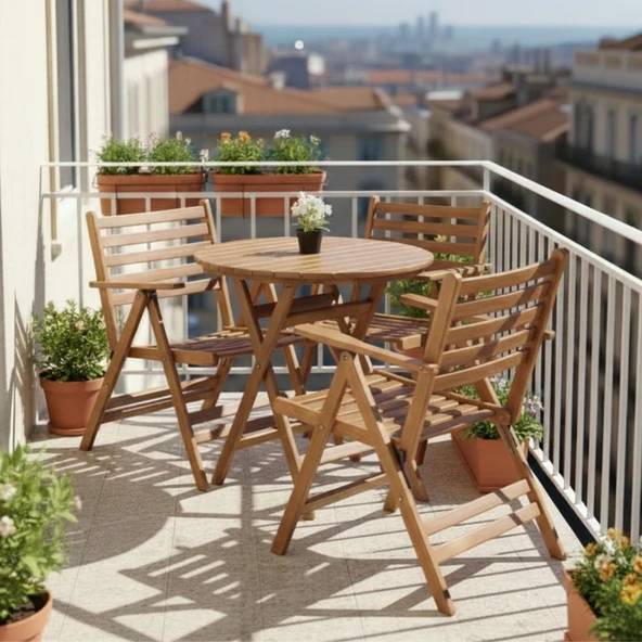 Bahçeme Antalya Katlanır Ahşap Bahçe Balkon Takımı: 90lık Masa + 3 Sandalye ürün görseli 1