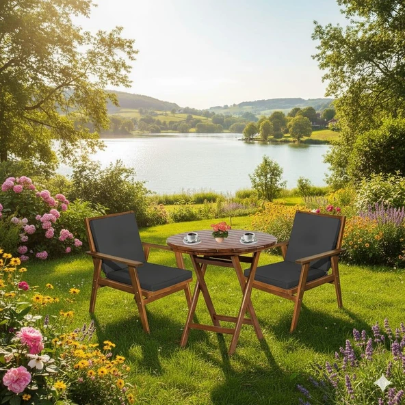 Bahçeme Heybeli Ahşap Bahçe Balkon Takımı: 70lik Masa + 2 Düz Minderli Sandalye Katlanır Set - Resim 4